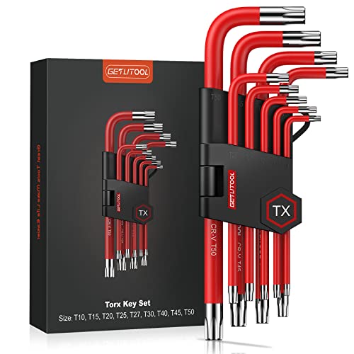 GETLITOOL Innensechskant Satz, 9PCS Torx Innensechskantschlüssel TX T10-T50 Klein Winkelschlüsselsatz, Cr-V-Stahl Sechskantschlüssel Set mit Farbcodierung und Klapphalter für TX-Schrauben