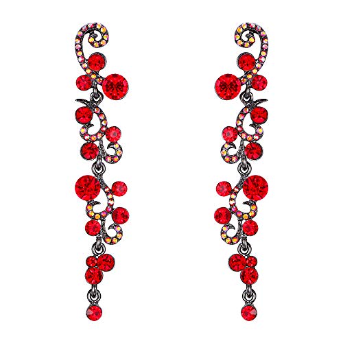EVER FAITH Red Earrings for Women Dangling, Sparkly Rhinestone Crystal Vintage Floral Vine Long Drop Dangle Earrings Wedding Party Jewellery for Brides Bridal