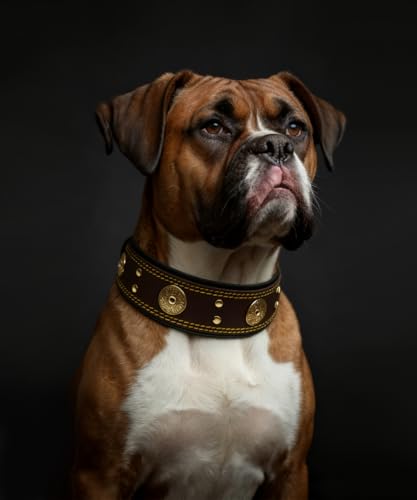 Hundehalsband Leder, 5 cm Breites Robustes Echtes Lederhalsband, Handgefertigt, Weich und Luxuriös, Auffällige Beste Wahl für Große und Mittelgroße Hunderassen, Gold-Braun M