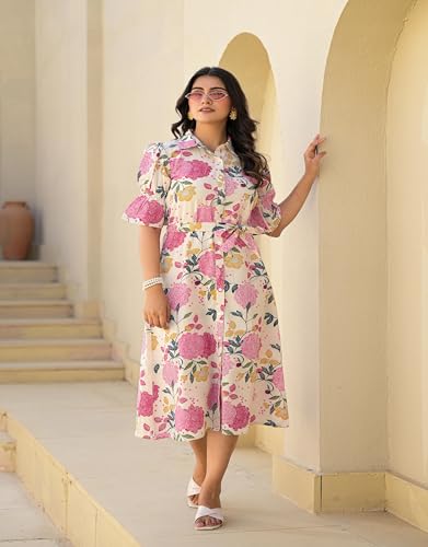 Image of Juniper Pink Floral Printed Cotton Long Dress with Belt