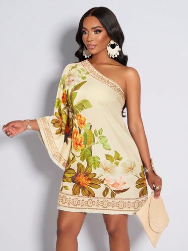 Image of KATECLO Women's One-Shoulder Boho Mini Dress - Asymmetrical Sleeve Floral Print Summer Shift Dress with Border Trim