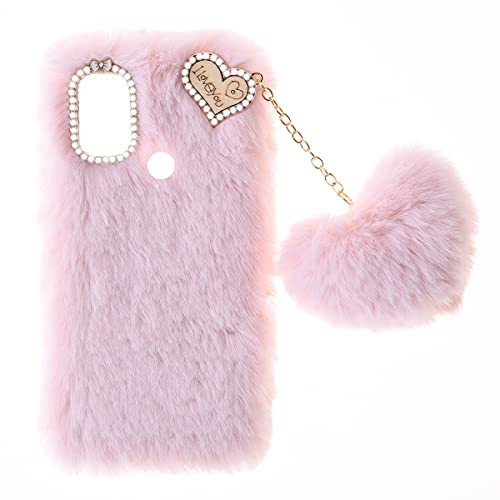 Fluffy Fur Plush Funda para ZTE Blade A51 Funda de Silicona TPU Case Bonita Love Decoration Funda de Fluffy Fur con Diamantes de Purpurina Carcasa para ZTE Blade A51,Rosado