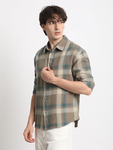 Image of THE BEAR HOUSE Men's Brown Checked Relaxed Fit Cotton Casual Shirt