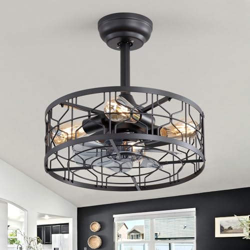 ZYD Caged Ceiling Fans with Lights, 16.5" Flush Mount Industrial Ceiling Fan Light Fixtures, Farmhouse Enclosed Ceiling Fan Light and Remote for Bedroom, Kitchen, Dining Room - Black