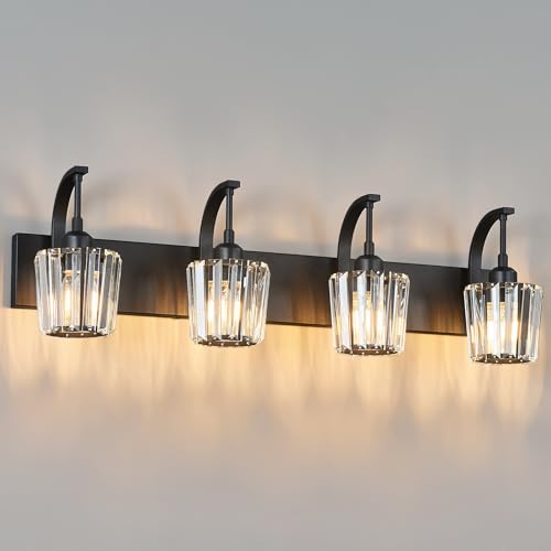 FDPBY Modern Bathroom Vanity Light, 4-Light Black Wall Sconce with Crystal Accents, Over Mirror Bathroom Lighting Fixture, 32.67" Long Dimmable Vanity Lamp for Makeup, Easy Installation by FDPBY - Used condition - Image 8