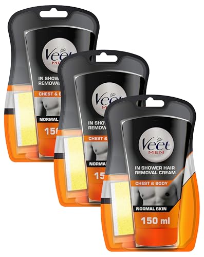 Veet Men In Shower Hair Removal Cream, Chest & Body, Normal Skin, 150ml each, 1 Sponge, No Risk of Cuts, 24 Hour Hydration, 7 Days of Smoothness, Dermatologically Tested (Packaging may vary)