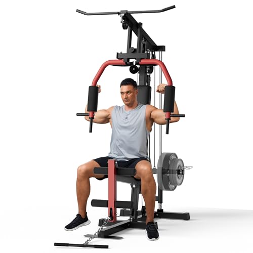 Multifunctional Home Gym Equipment - 300LBS Full Body Workout Machine with Lat Pulldown, Chest Press & Leg Extension | Fits 1' & 2' Weight Plates(not included) | Heavy-Duty Steel Frame & Pulley System