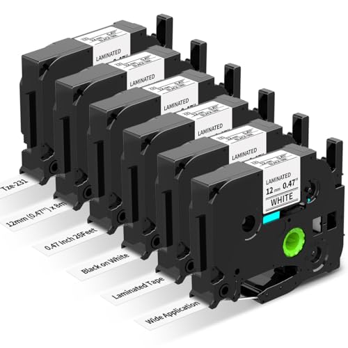 Invoker 6x TZe-231 Ersatz für Brother P-Touch Bänder Tz Tape 12mm 0.47 Weiß Kompatibel mit Brother P Touch Schriftband 12mm für PT-H105 H107B H110 H100LB H200 D210 P300 E560BTVP D610BTVP P750W PT-Cube