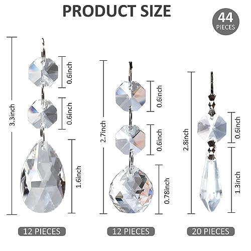 Milkary 44 Pack Chandelier Crystal Prism Replacement, 38mm Hanging Clear Crystal Glass Bead Prisms 20mm Chandelier Crystals Modern for Foyer Wedding Lamp Windows Christmas Tree Decoration