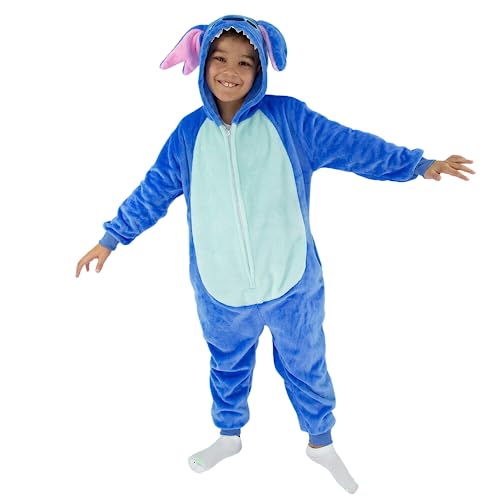 Stitch Macacão Kigurumi Pijama Roupa Fantasia Cosplay Inverno Infantil Oficial Disney Tamanho:9 a 10 anos;Cor:Azul