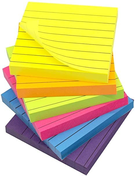 Lined Sticky Notes, Bright Colorful Ruled Self-Stick Pads, Strong Adhesive Memo Pads, for Office, Home, School, Meeting, 6 Pads, 100 Sheets Per Pad, 3 x 3 Inch, Removes Cleanly, Multicolor