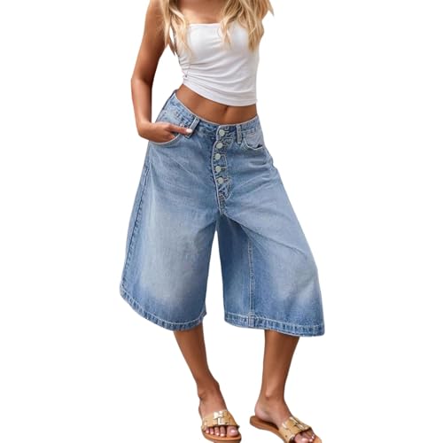 Générique Short Jean Femme Large Taille Haute Pantacourt Jean 7/8 Coupe Bermuda Jupe Culotte Femme Wide Leg Pantalon Denim Décontracté pour Été Ville et Vacances Short Jeans