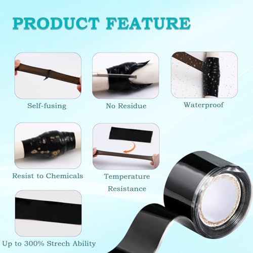 Image of Self Fusing Silicone Tape 2 Rolls 1 in x 5' Black Waterproof Rubber Leak Proof Sealing Rubber Self-amalgamating Tape for Emergency Hot and Cold Water Pipe Repairs and Tool Fixation