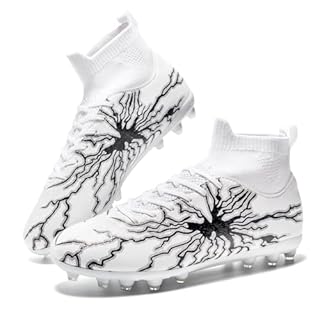 HRJR Men's Soccer Cleats Football Cleats for Unisex-Adult High-Top Spikes Shoes for Youth Big Boys Lightweight Professional Training Turf Outdoor Athletic Sneaker Black 6.5 White 11