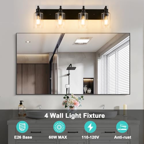 Image of 4-Light Bathroom Light Fixtures Modern Black Vanity Lights for Bathroom Lighting Fixtures Over Mirror for Cabinet Mirror Bedroom Hallway