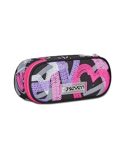Seven Portapenne Scuola Round Plus, Nero Fucsia, Draft Heart, Bustina Ovale Con Tasca Interna Ed Elastici Porta Penne, Accessori Zaino, Elementari, Me