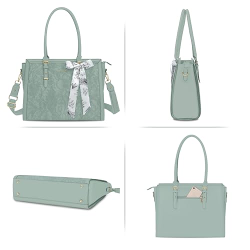 Image of MOSISO Laptop Bag for Women, PU Leather Tote Bag, Front Embossed Retro Hibiscus Computer Bags with Silk Scarf&Clutch Purse