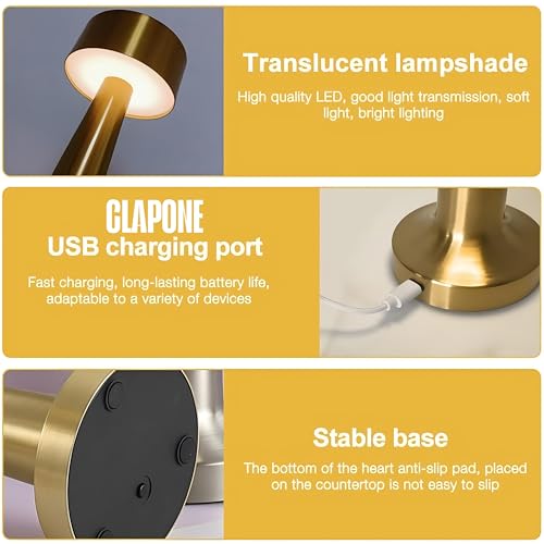 Image of CLAPONE LED Table Lamp - Touch Control with 3 Brightness Levels & 3 Color Modes | Rechargeable Metal Desk Lamp for Bedroom, Nightstand, Living Room, Office & Study Table (Glod, 1 Pcs)