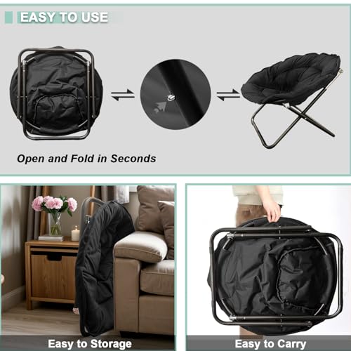 TANGJEAMER Folding Chair, Saucer Chair with Metal Frame, Comfy Moon Chairs for Bedroom, Living Rooms, Apartments, Camping, Lounging, Garden and Courtyard (Black) - Thumbnail 5
