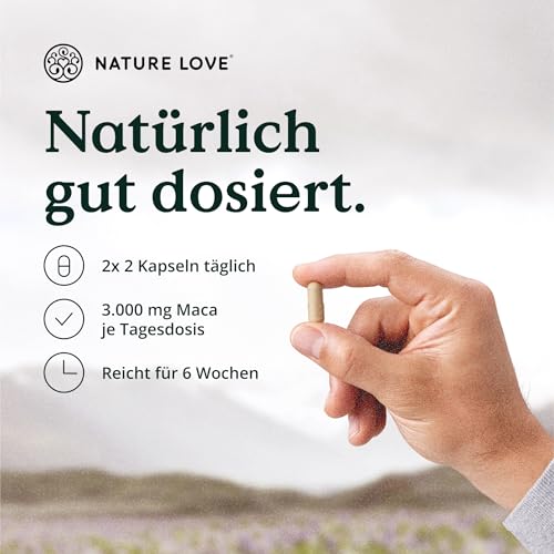 NATURE LOVE® Bio Maca Kapseln (schwarz) - 3000 mg je Tagesdosis - 180 Kapseln - Mit natürlichem Vitamin C - Ohne Magnesiumstearat, Zertifiziert Bio, hochdosiert, vegan, in Deutschland produziert