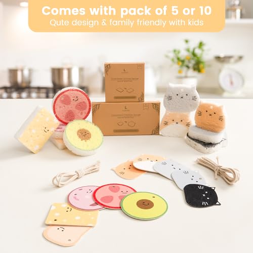 Image of Cellulose Compressed Eco-Sponge 10 Pack- Avocado Sandwich Set | Standard Size| Plastic-Free & Made of All-Natural Wood Pulp | Showering, Dishwashing & Cleaning for Household, Kitchen & Bathroom