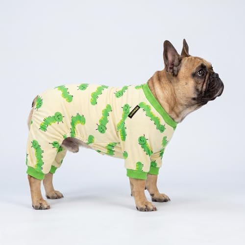 Image of Fitwarm Caterpillar Dog Fleece Pajamas, Cozy Clothes for Small Dogs Boy Girl, Funny Pet Onesie, Beige, Green, XS