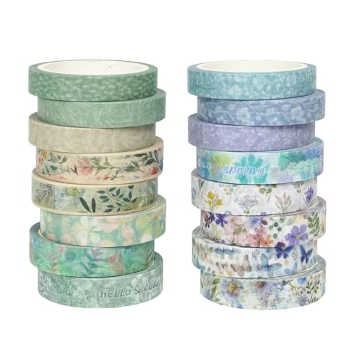 Zellykool Floral Washi Tape Set 16 Rolls, Flower Spring Decorative Paper Sticker for Planner Scrapbook Journal DIY Arts Craft