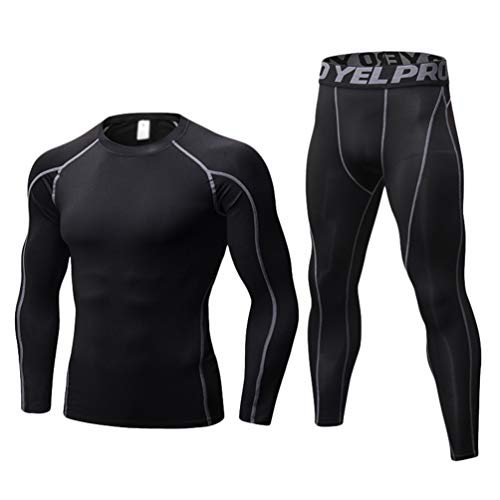 LaoZan Unisex Kompressions-Shirt Hose 2 Pcs Set Atmungsaktiv Elastizität Langärmlig Funktionsshirts Hosen Sportbekleidung (Schwarz(Grau Linie)(Herren), M)
