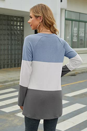 Orandesigne Womens V Neck Long Sleeve Sweatshirt Color Block Long Fit Pullover Shirts Loose Tunic Tops #TOP4