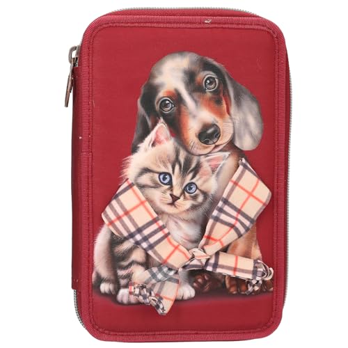 Depesche 13674 TOPModel Fur Ever Friends - Trousse à Crayons remplie à 2 Compartiments en Rouge foncé, avec Motif Chien et Chat, avec Crayons de Couleur, Ciseaux, règle, etc.