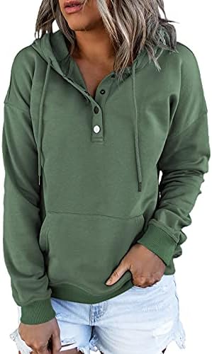 Dokotoo Women's Fashion Hoodies & Sweatshirts Drawstring Long Sleeve Front Button Collar Hooded Pullovers with Pockets Winter Sweatshirts for Women Loose Fit Casual Ladies Fall Shirt Tops Large Green