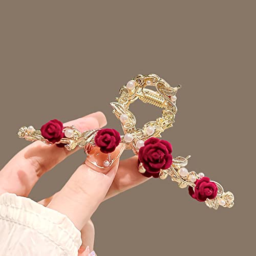 2Pcs Metal Velvet Rose Hair Clips Non-Slip Flower Pearl Hairpin Decorations Thick Long Hair Jaw Clips Hair Accessories For Women And Girls #TOP2