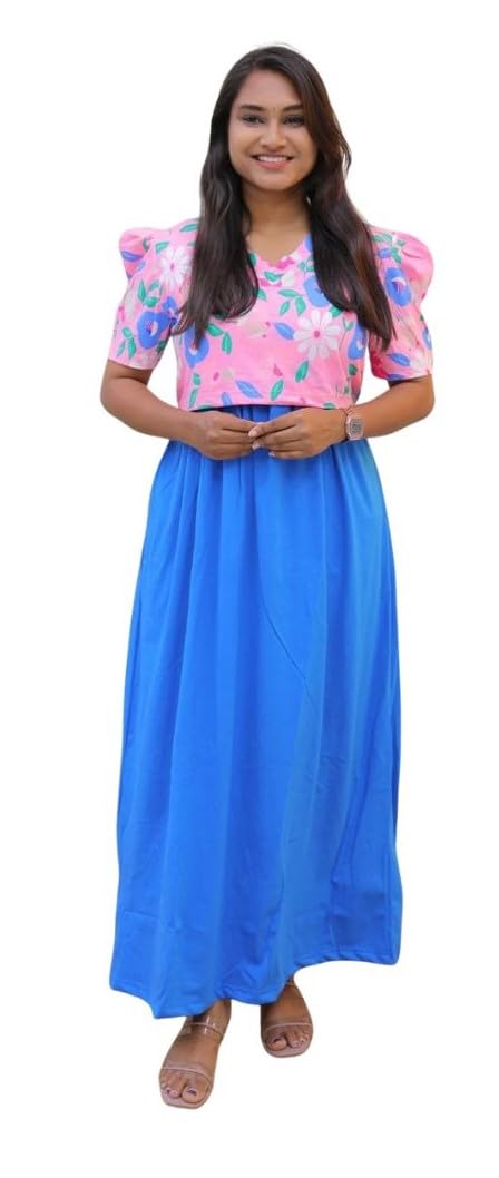 Butter Buds Women's Night Wear Puff Sleeve Cotton Digital Printed with Pocket Zipless Maternity/Nursing & Feeding Maxi/Nighty/Gown/Kurta/Dress-picture-37