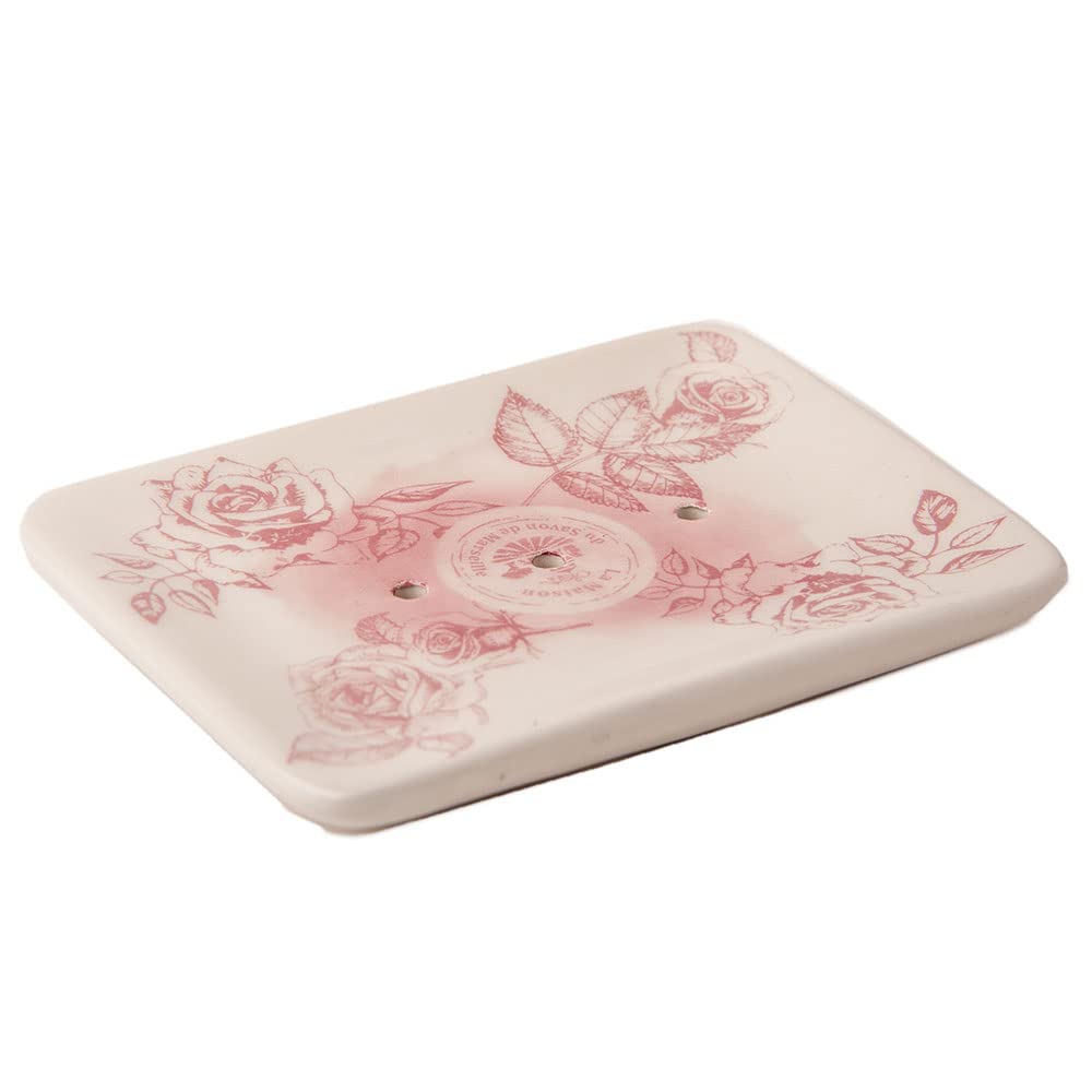 Maison du Savon - Ceramic Soap Dish with Rose Pattern - 3 Drainage Holes - 12cm x 9cm x 2cm Compact Size - Suitable for All Sinks