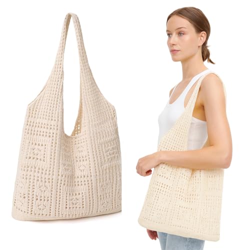 KEWUF Bolsos Tejidos Crochet, Bolso Playa Mujer, Bolso de Hombro, Grande para Playa, Bolsa de Ganchillo, Bolso Informal Grande, para Picnic, Vacaciones, Compras, Viaje, Fiestas(Cuadrado)