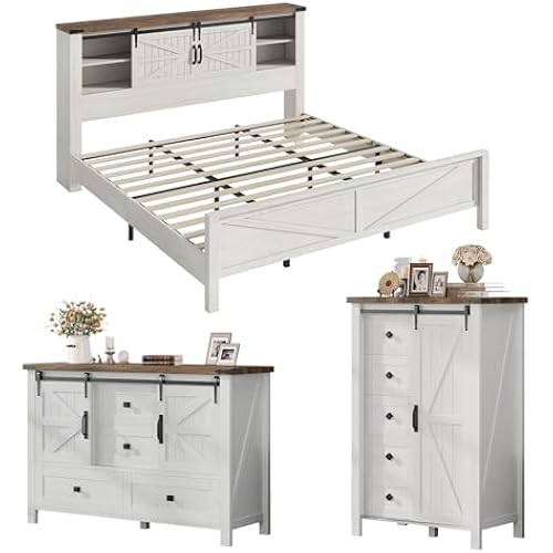 AMERLIFE 3-Piece White Farmhouse Bedroom Set with King Bed & 2 Dressers