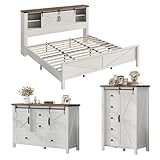 AMERLIFE 3 Pieces Farmhouse Bedroom Set with Sliding Barn Doors, Includes King Size Rustic Wood Bed with Bookcase Headboard, 5 Drawer Tall Dresser, 47'' Dresser with 4 Drawers, Distressed White