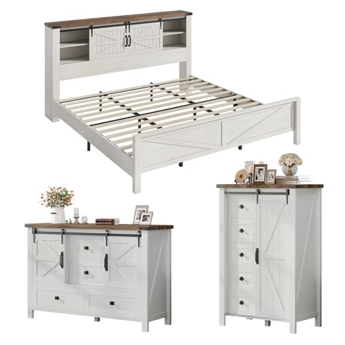 AMERLIFE 3-Piece Farmhouse Bedroom Set, King Size Bed with Sliding Barn Doors & Bookcase Headboard, 5-Drawer Tall Dresser, 4-Drawer Wide Dresser, Antique White
