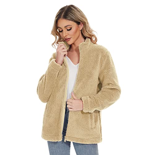 Magcomsen Fuzzy Jackets For Women Zip Up Fuzzy Fleece Teddy Casual Coats Winter Fluffy Outdoor Jackets Khaki S #TOP1