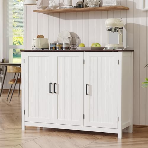 Image of MHOM 47.2" Farmhouse Buffet Cabinet with Storage, Kitchen Sideboard Cabinet with Doors and Adjustable Shelves, Rustic Storage Cabinet for Kitchen, White