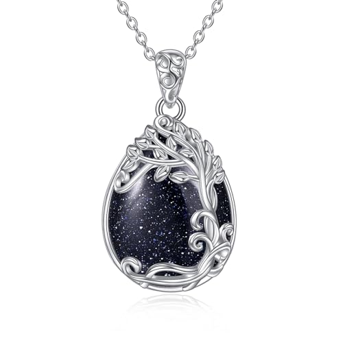 Image of YAFEINI 925 Sterling Silver Blue Sandstone Necklace Tree of Life Teardrop Pendant Necklace Jewellery for Women Girls (II-Tree of Life Blue Sandstone Necklace)