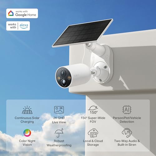 Image of TP-Link ๐ง๐ฎ๐ฝ๐ผ SolarCam 2K, Outdoor Battery Camera w /Solar Panel Base, Wireless Camera, 2K QHD, 150 Super-Wide FOV, Free Person /Vehicle /Pet Detection, SD /Cloud Storage, Starlight Color Night Vision