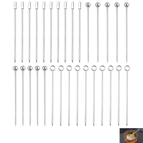 Fwobumy 30 Piezas Palillos de Cóctel Acero Inoxidable 304, Palillos Metálicas Decorativas para Aceitunas, Aperitivos, Frutas, Snacks y Bebidas, Pinchos de Martini para Bar, Fiestas, Bodas y Eventos