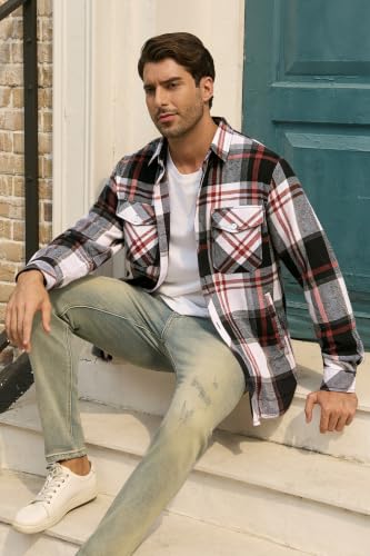 Image of Cromoncent Mens Boys Thick Flannel Shirt Long Sleeve Shirt Jacket Casual Button Down Multi Pockets Shacket