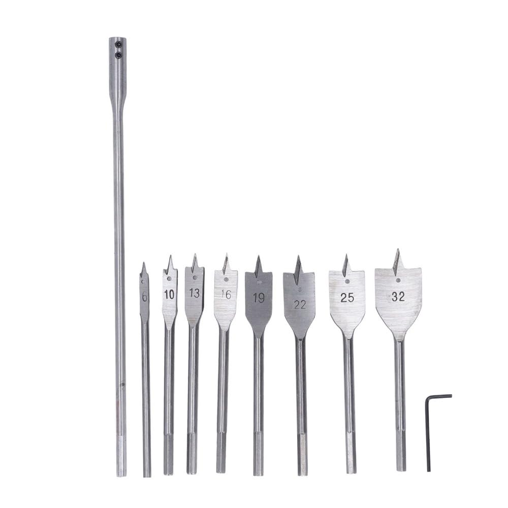 Wood Spade Drill Bit Set, High Carbon Steel Paddle Bits 6-32mm with 1/4 in Hex Shank, Extension Rod and L Wrench for Woodworking Wood Drilling