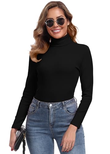 IWOLLENCE Turtleneck Women Thermal Tops Polo Neck Jumpers Long Sleeve Thermal Base Layer Top Ladies Thermal Vests (Black, M) - Image 2