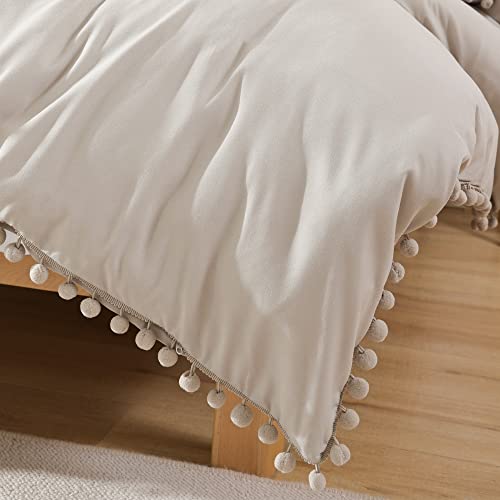 YIRDDEO King Size Comforter Set - King Size Comforter with Ball Pom Fringe, Soft King Bedding Set for All Seasons - 3 Pieces, 1 Comforter (104"x90"inches) & 2 Pillow Shams(20"x36"), Oatmeal
