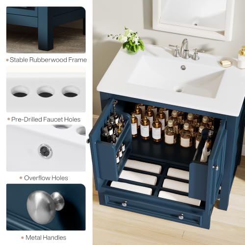 Image of Tribesigns 30 inch Bathroom Vanity with Sink, Freestanding Bathroom Vanities Cabinet with Ceramic Basin Combo, Bathroom Sink Cabinet with 2 Doors and 1 Drawer, Solid Wooden Frame (Misty Blue, 30 INCH)