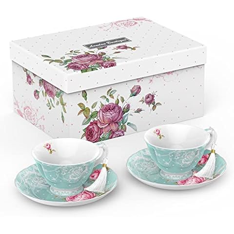 London Boutique Tea Cup and Saucer Set 2 Afternoon Tea Set New Bone China Vintage Flora Gift Box 200m (Turquoise) Cover