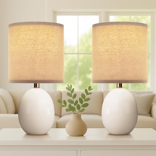 Image of Dawnwake 17.3 inch Table Lamp Set of 2 for Living Room Bedroom, Bedside Lamps for Night Stands, Desk Nightstand Lamp Dimmable, Modern Linen Cream Ceramic Lamps (White-B)